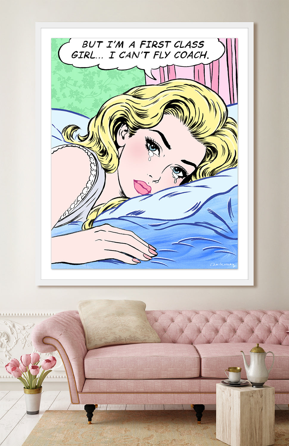 king of pop art nelson de la nuez first class girl framed mixed media material girl travel flying airline airplane private jet luxury