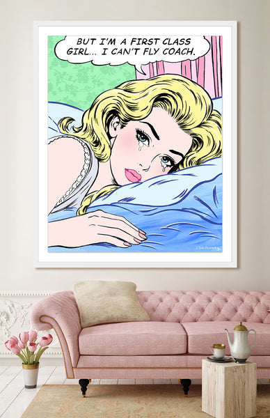 king of pop art nelson de la nuez first class girl framed mixed media material girl travel flying airline airplane private jet luxury