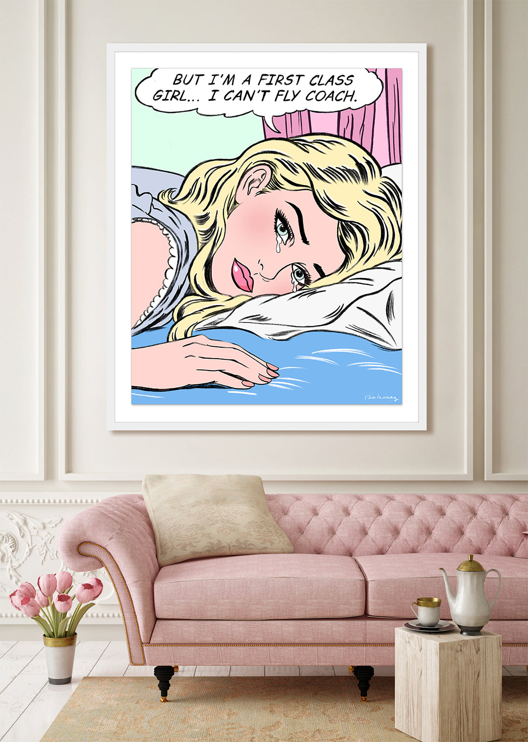 king of pop art nelson de la nuez first class girl framed mixed media material girl travel flying airline airplane private jet luxury