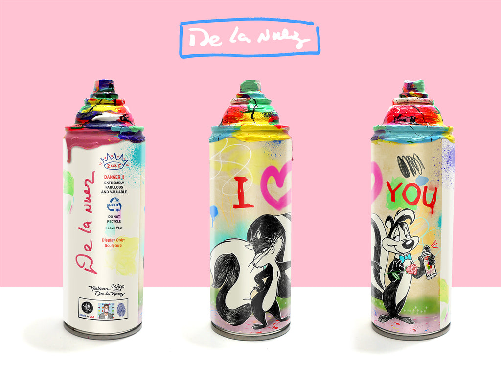 king of pop art nelson de la nuez i love you spray paint can series sculpture collectible graffiti pepe le pew skunk valentines day looney tunes