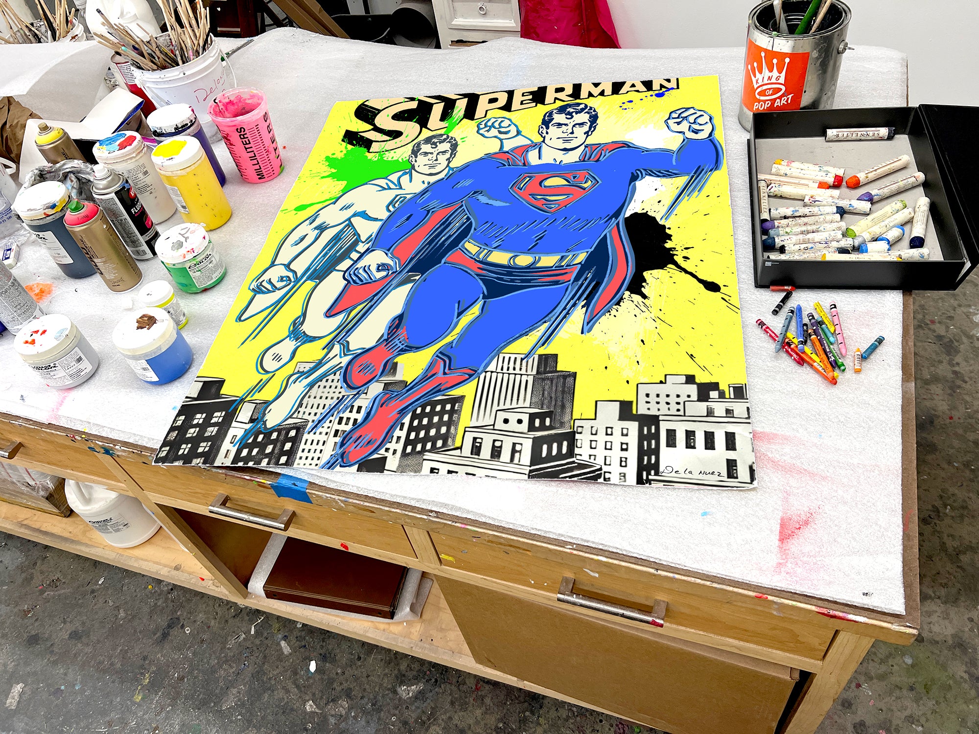 nelson de la nuez pop art superman superhero art framed mixed media artist contemporary art king of pop art comic bookdio 