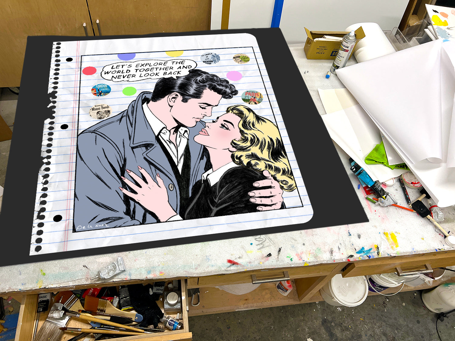 king of pop art nelson de la nuez lifetime of adventure framed mixed media love couple romance travel