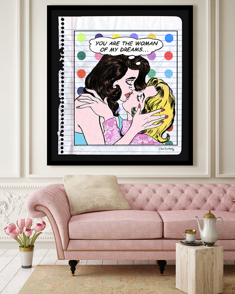 king of pop art nelson de la nuez love won framed mixed media couple kiss women lgbtq gay lesbian