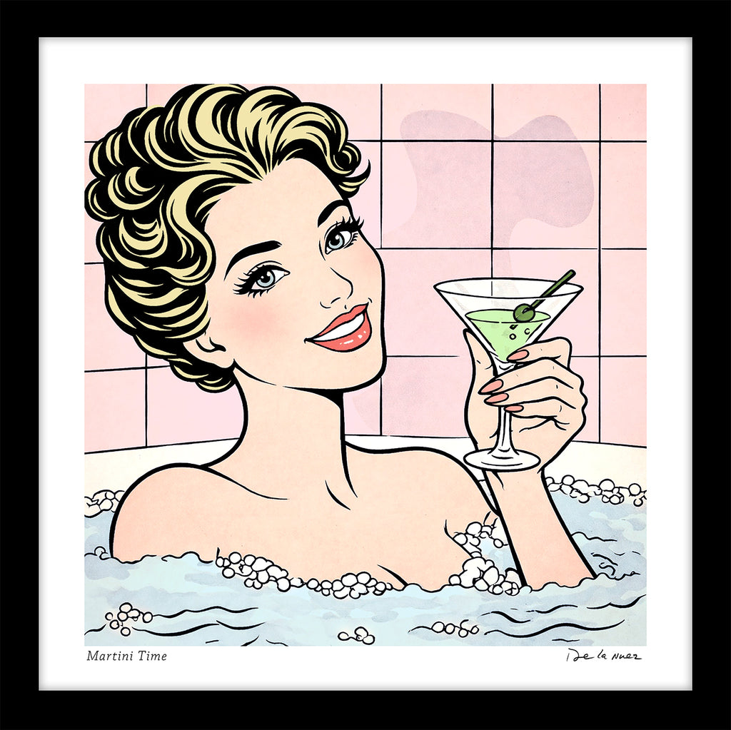 Martini Time bathroom art bathtub cocktails de la nuez black frame