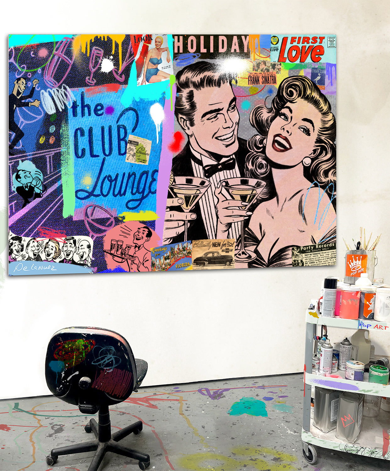 King of Pop Art Nelson De La Nuez One Last Martini Unique One of a Kind Hand Painted Mixed Media on Canvas Cocktail Lounge Club Bar Drinks