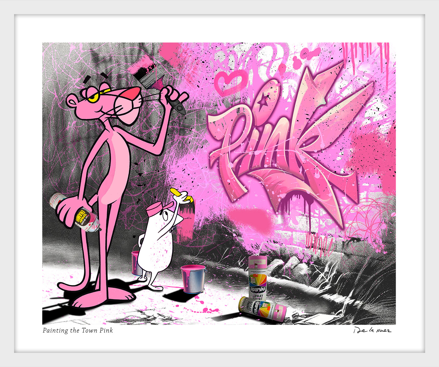 ①ラブブ　アート　ポップアート キャラクター印刷キャンバス　絵画　ピンク PaintingtheTownPinkWhiteFrame.