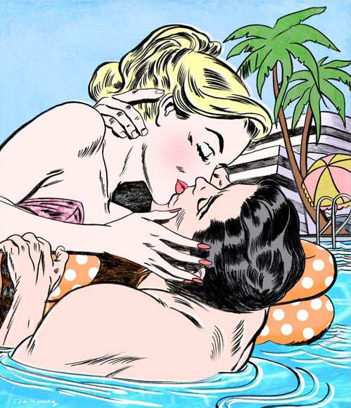 king of pop art nelson de la nuez romance and adventure print love couple romance summertime swimming kiss pool vacation