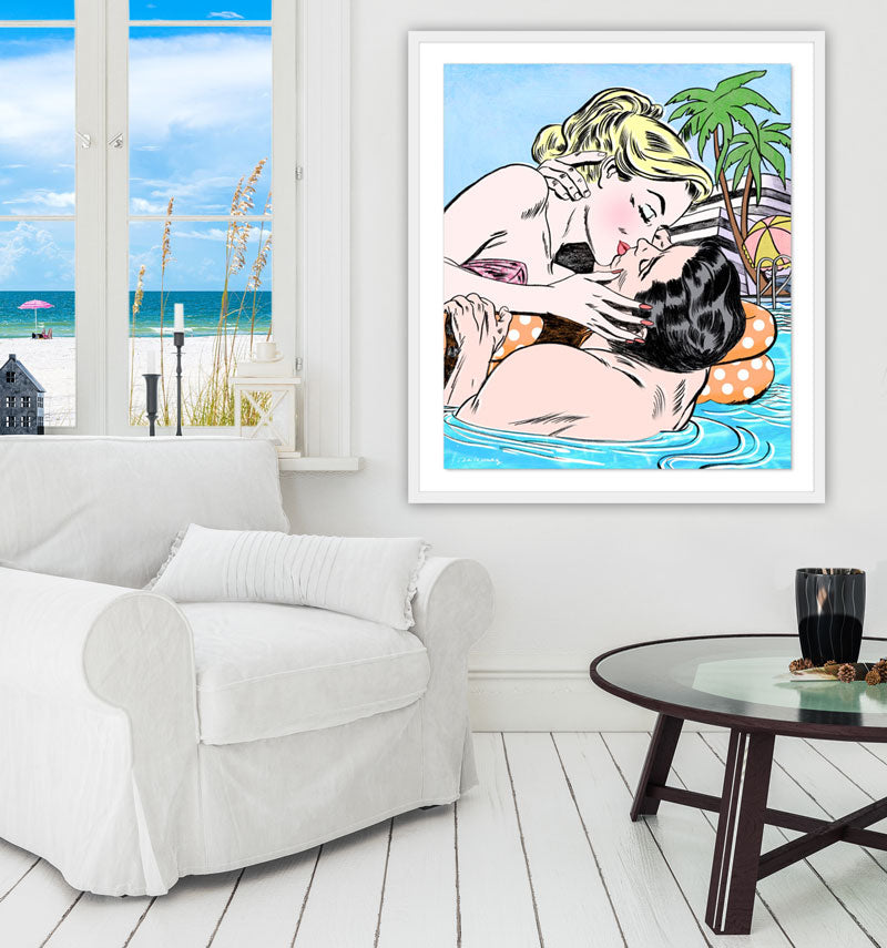 king of pop art nelson de la nuez romance and adventure framed mixed media sketch kiss love couple beach pool summer