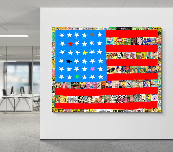 king of pop art nelson de la nuez stars and stripes american flag mixed media canvas painting