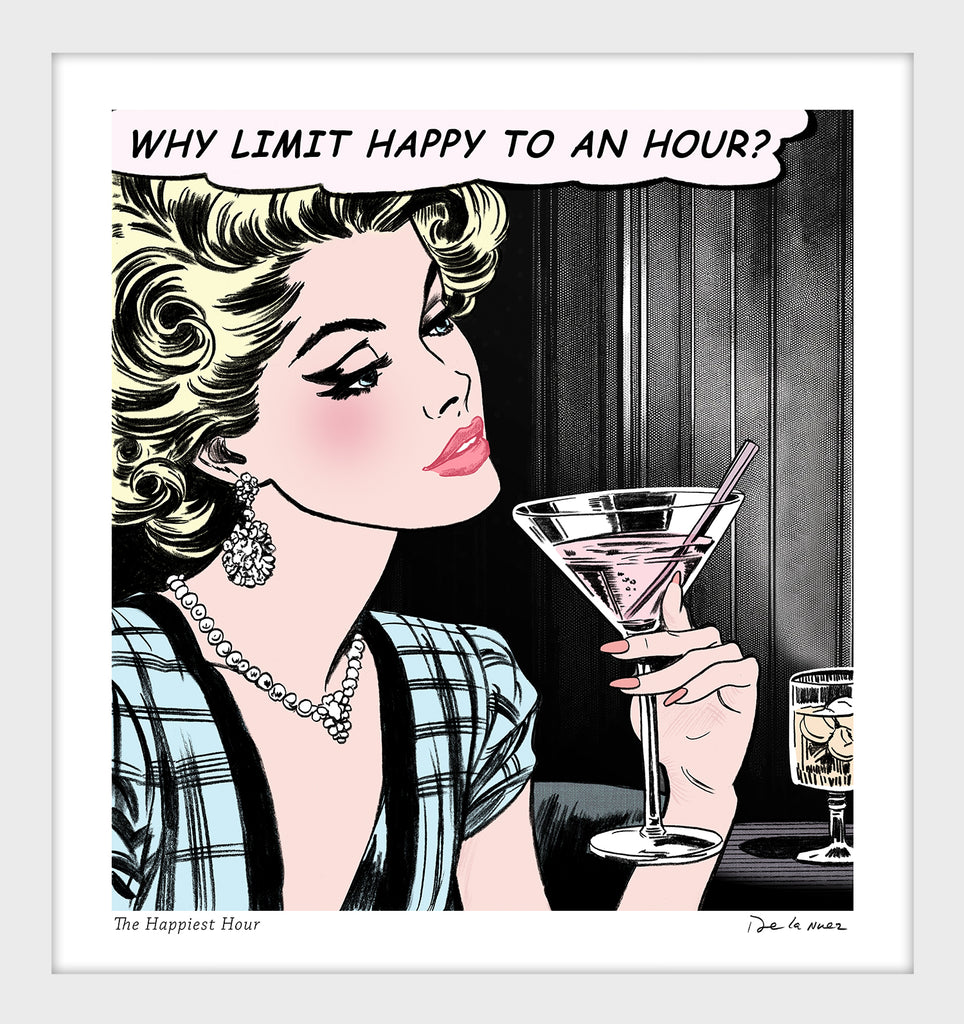 King of Pop Art Nelson De La Nuez happiest hour happy hour cocktail martini framed print humor bar luxury female 