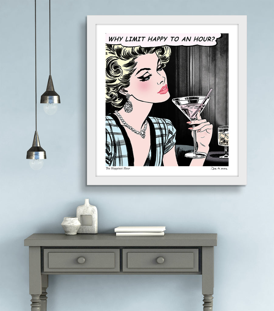 King of Pop Art Nelson De La Nuez happiest hour happy hour cocktail martini framed print humor bar luxury female interior designer