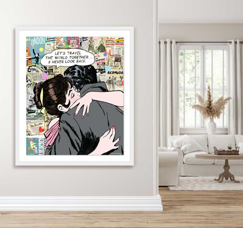 king of pop art nelson de la nuez travel the world framed mixed media sketch love romance jetsetter
