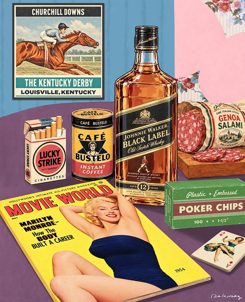 marilyn monroe retro mens vices cocktail whiskey gambling horses King of Pop Art Nelson De La Nuez pop art man cave art 