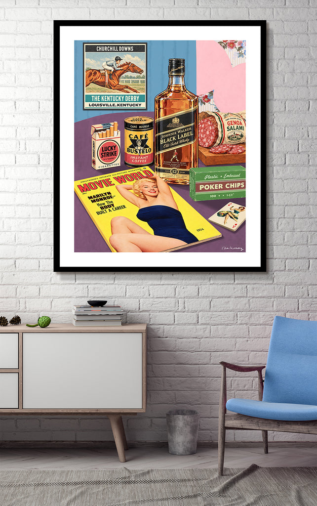 marilyn monroe retro mens vices cocktail whiskey gambling horses King of Pop Art Nelson De La Nuez pop art man cave art 