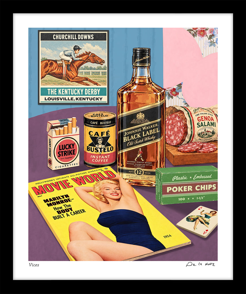marilyn monroe retro mens vices cocktail whiskey gambling horses King of Pop Art Nelson De La Nuez pop art man cave art 