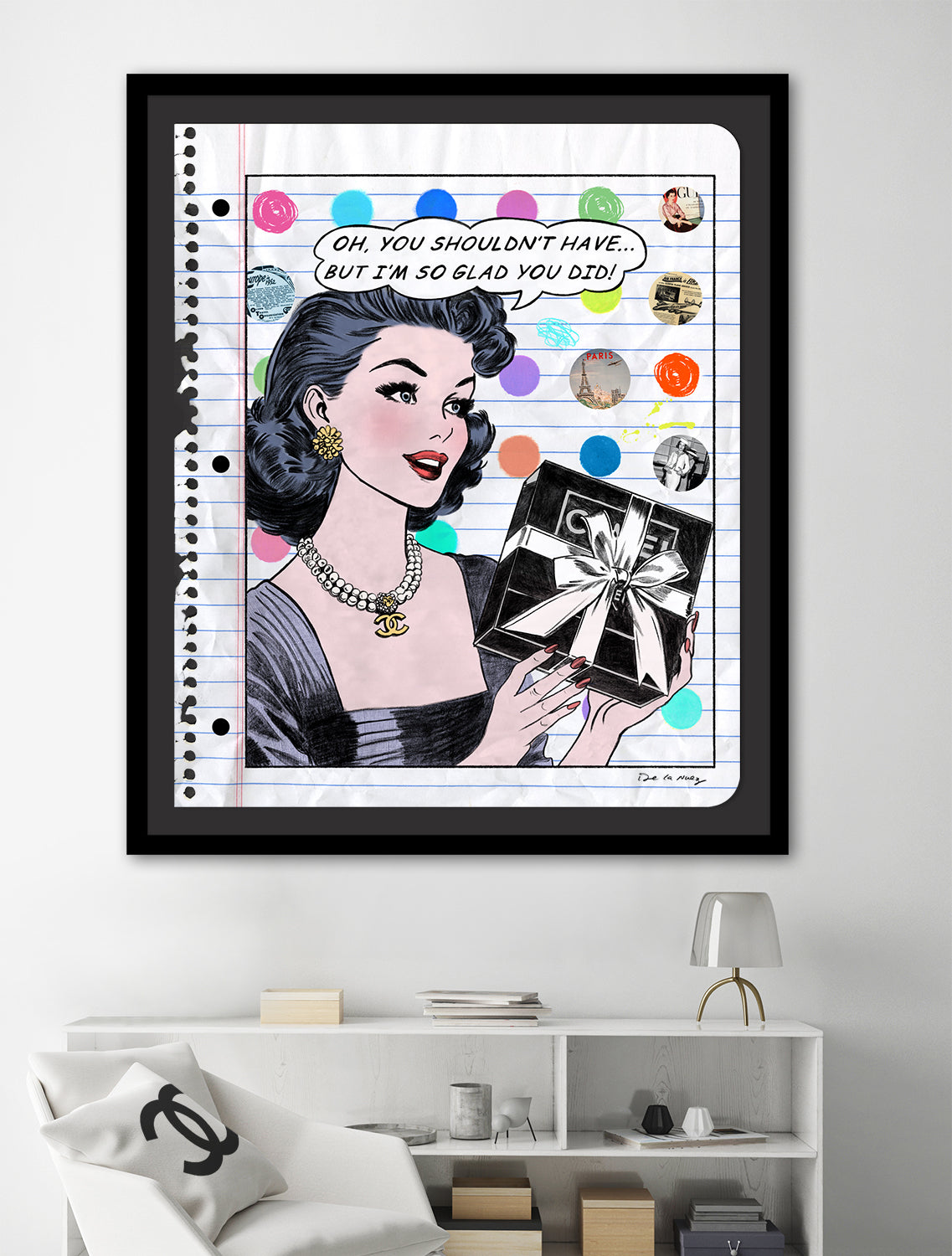 King of Pop Art Nelson De La Nuez You Shouldn't Have Framed Mixed Media Sketch material girl luxury fashion designer chanel gift shopping