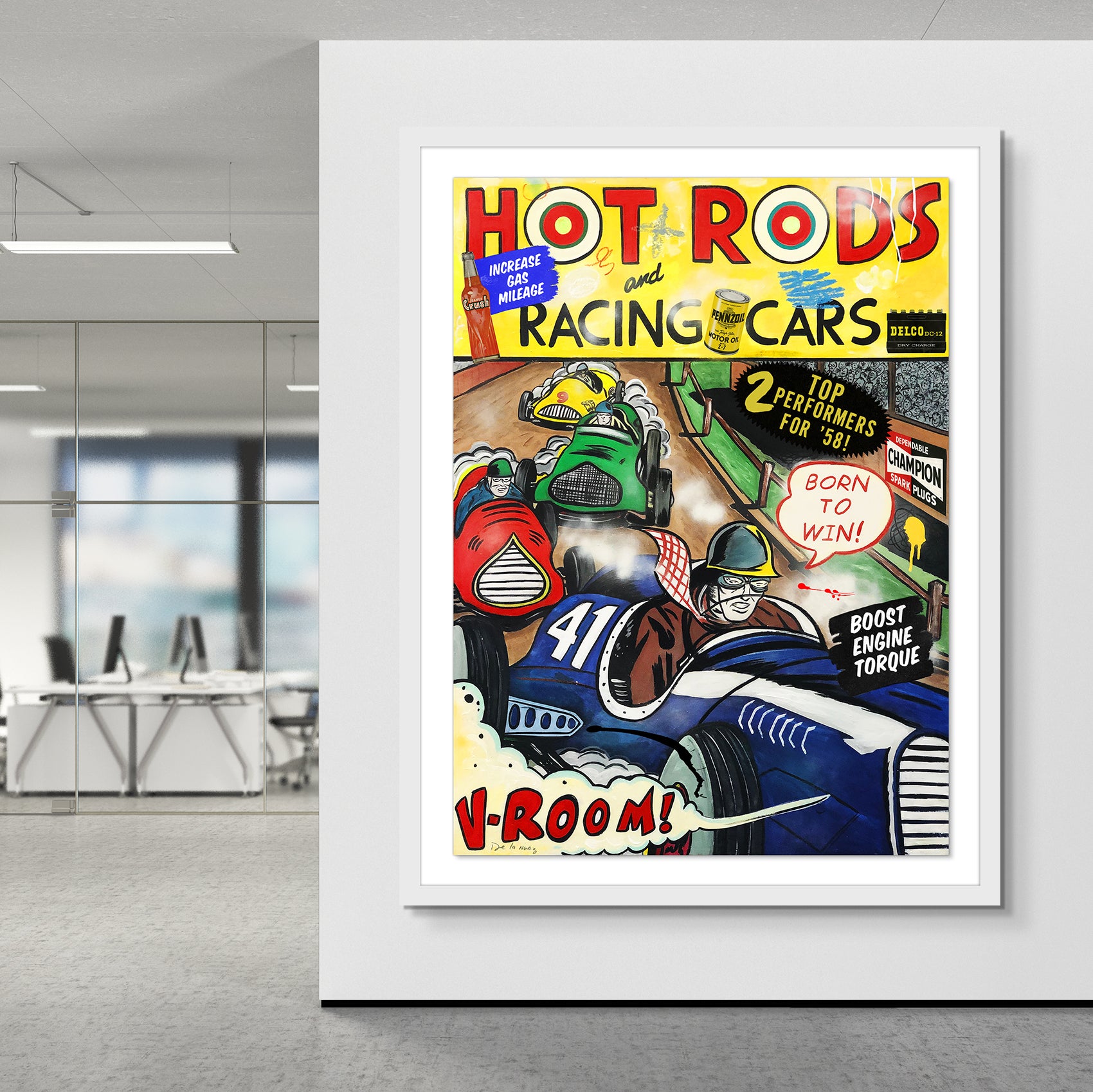 king of pop art nelson de la nuez born to win race car mixed media framed decor  hot rods
