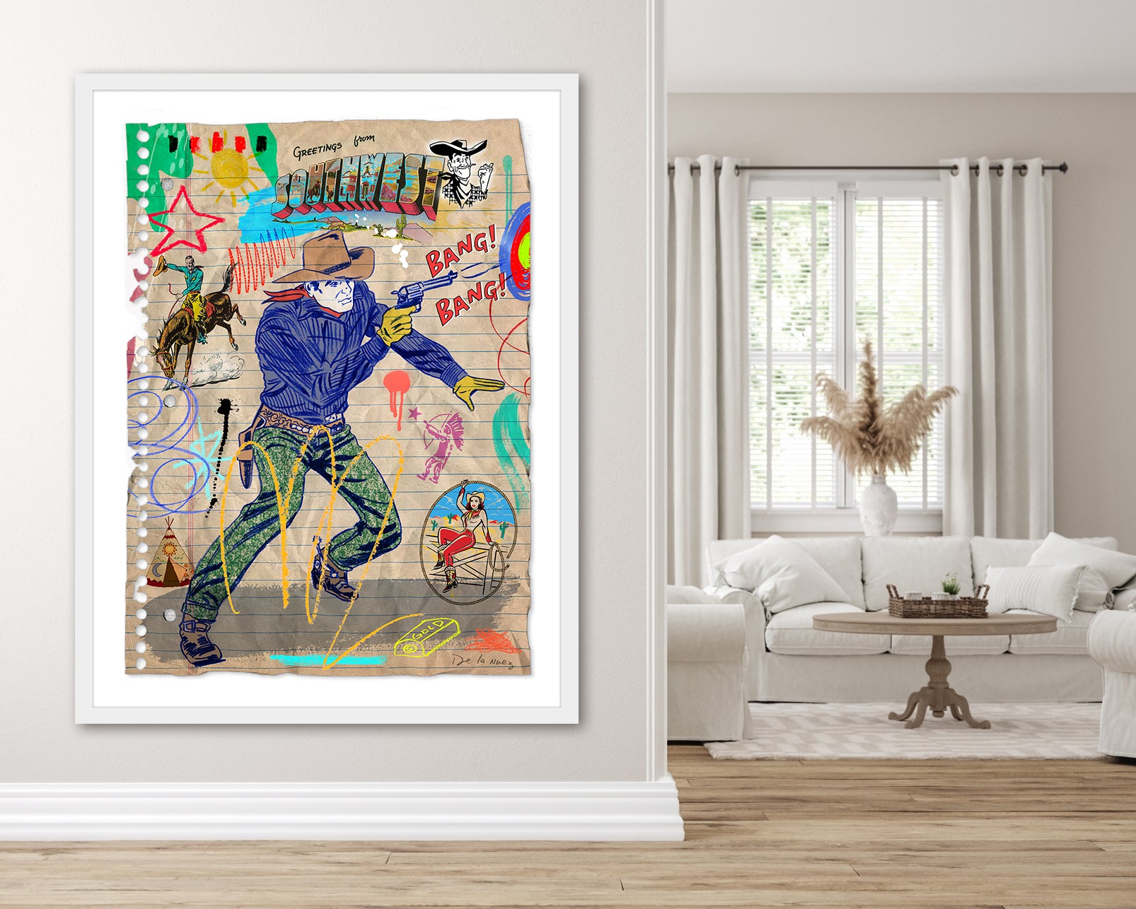 the king of pop art nelson de la nuez the wild west cowboys horses western framed mixed media