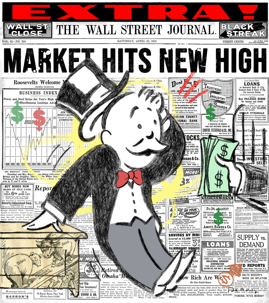 monopoly art nelson de la nuez king of pop art wall street banker finance money boardroom panic wall street journal art stock market trader stock market crash