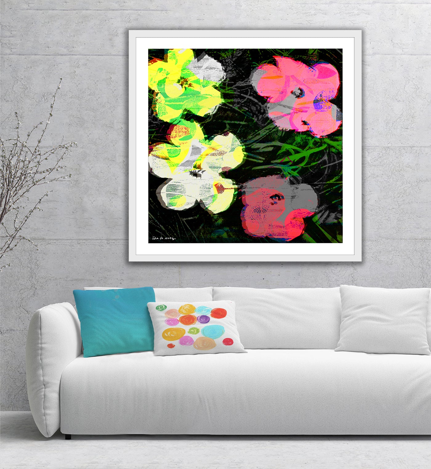 Flower Power; Neon Blooms Mixed Media - FRAMED, Signed