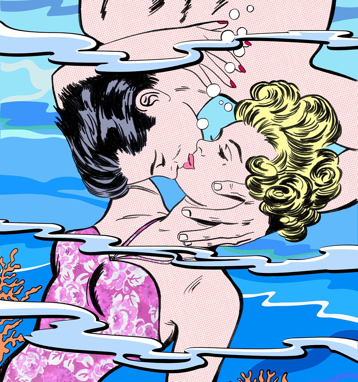 king of pop art nelson de la nuez romance couple love kiss beach party ocean swim vacation