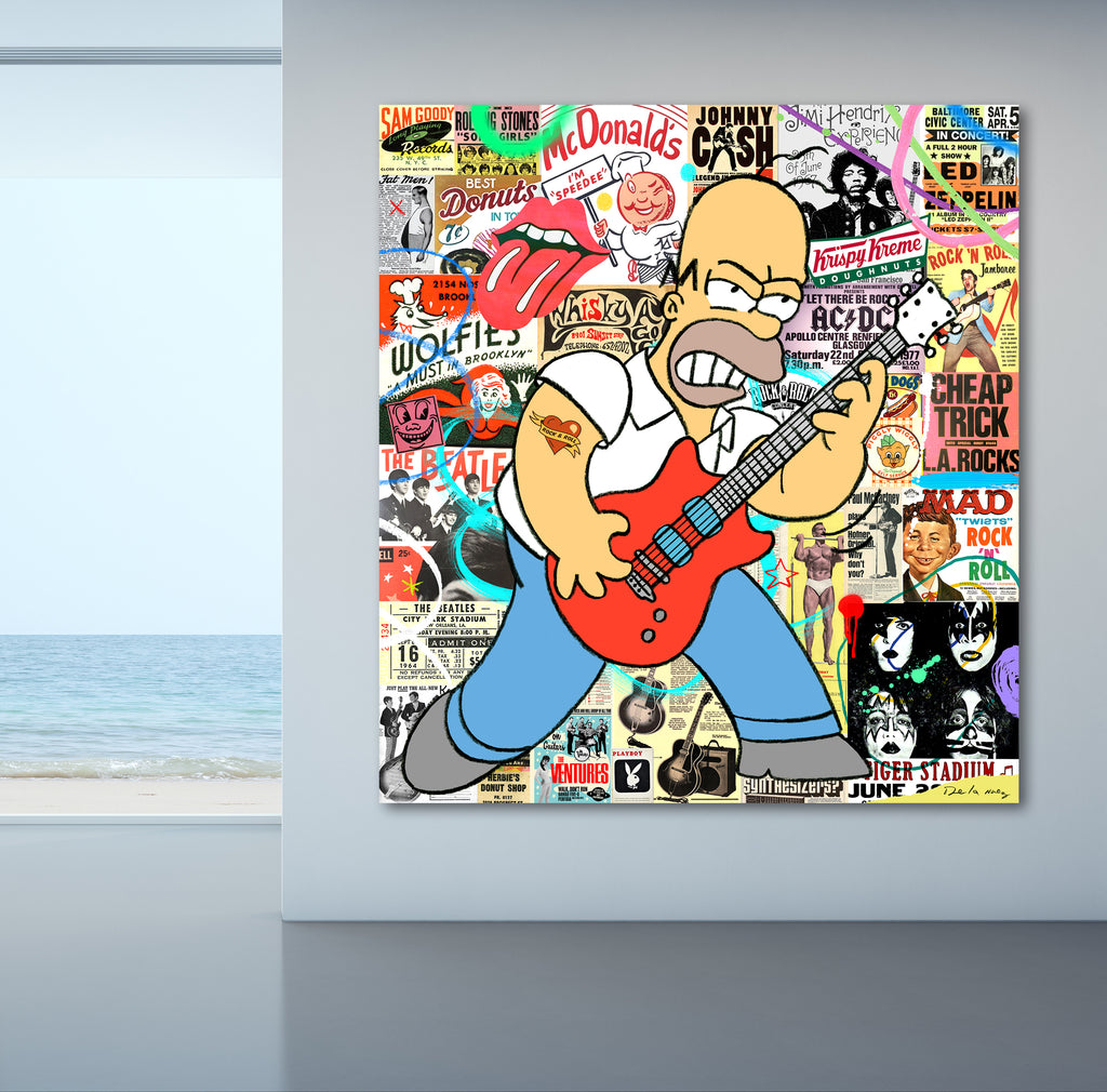king of pop art nelson de la nuez rock and rorock and roll hand painted mixed media canvas homer simpson music guitar