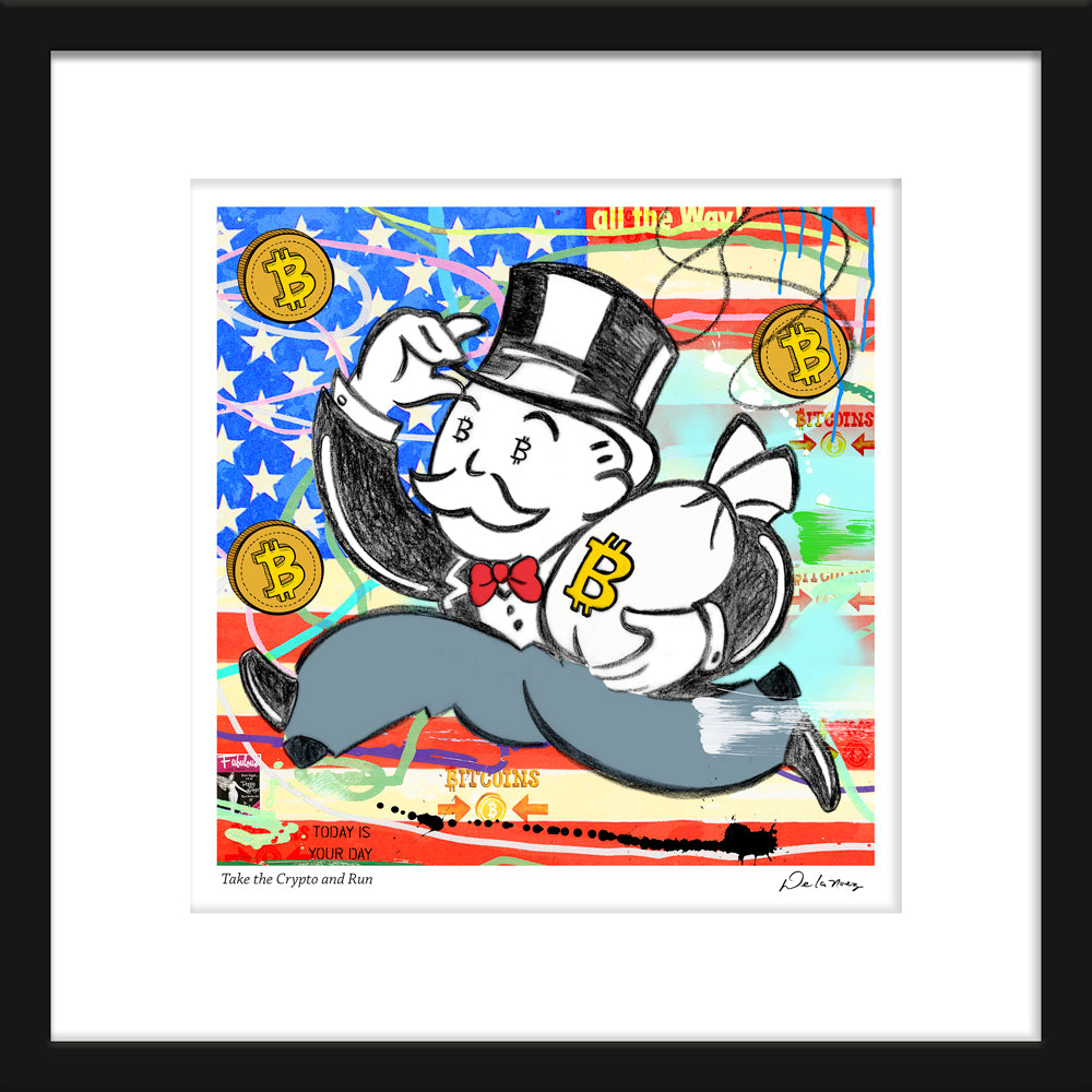 monopoly bitcoin, take the money and run, nelson de la nuez, pop art, king of pop art cryptocurrency wall street money stock market finance investor stock trader, wall street journal