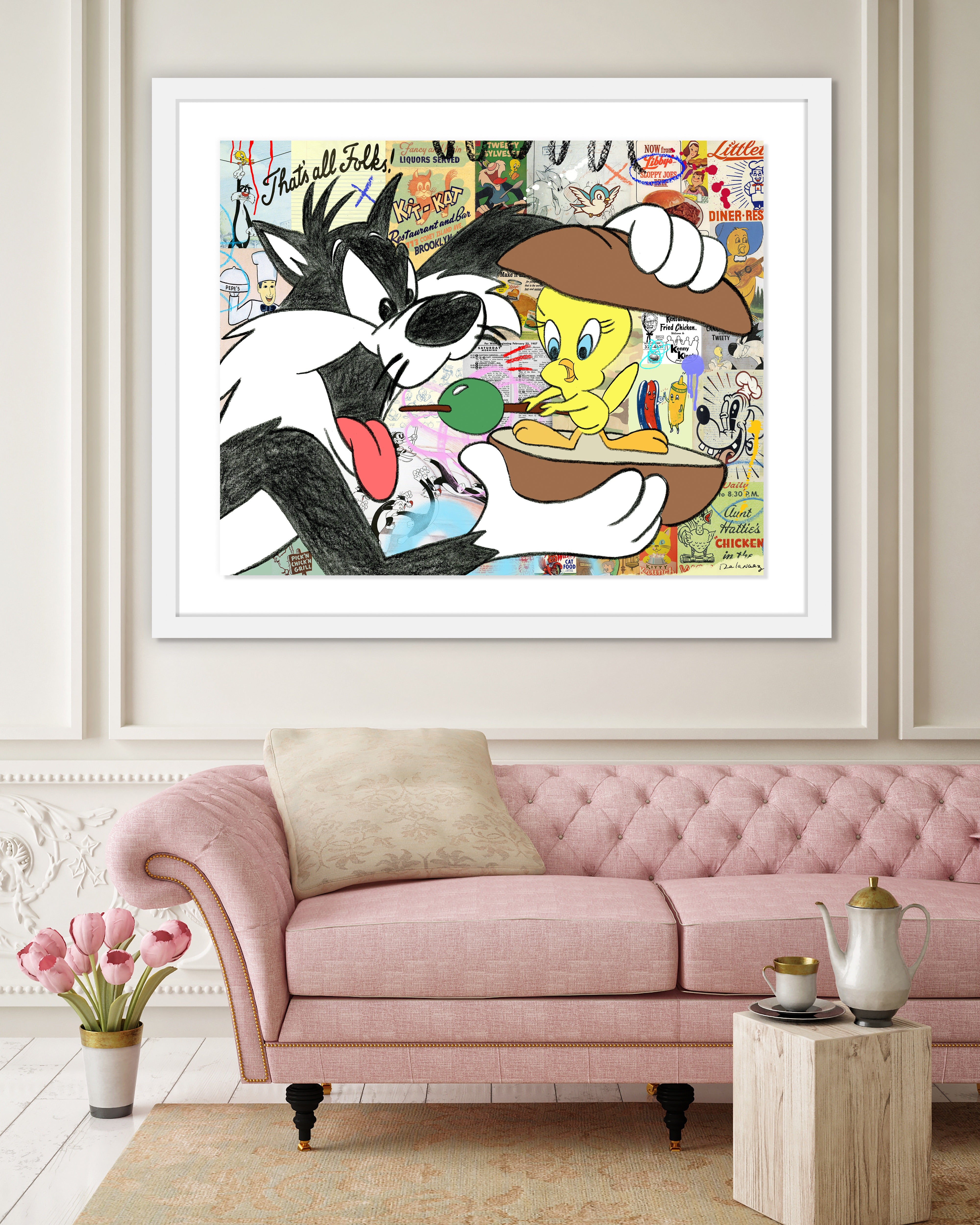 Tweety bird love at first bite Nelson De La Nuez cartoon pop art cat bird pop artist