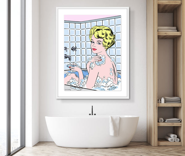 Framed mixed media oil pastel pop art bathroom art bubble bath luxury art nelson de la nuez king of pop art
